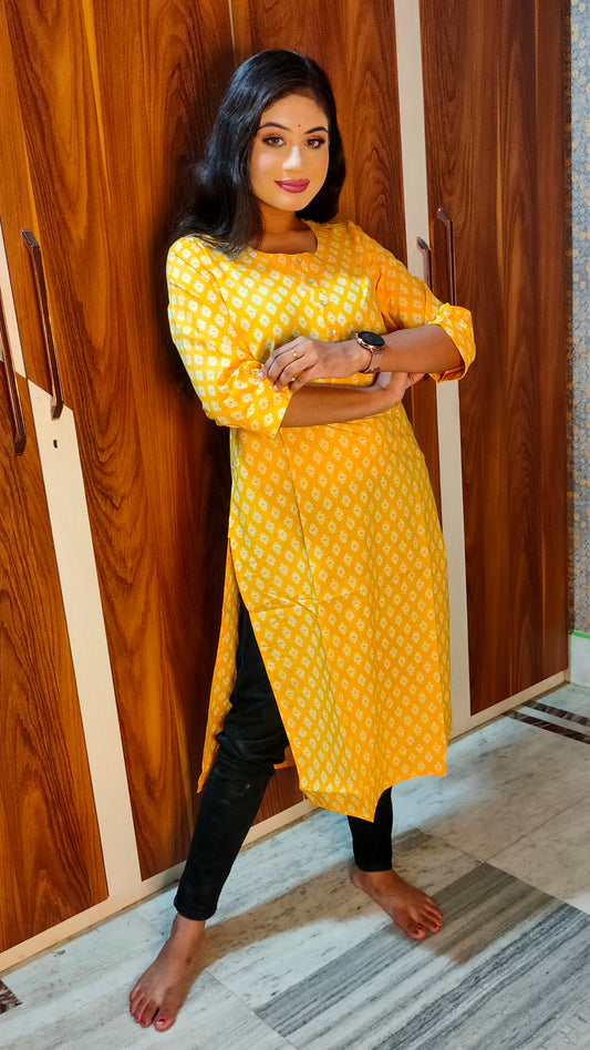 PREMIUM PURE COTTON SLIT OPEN YELLOW CASUAL KURTI - K260