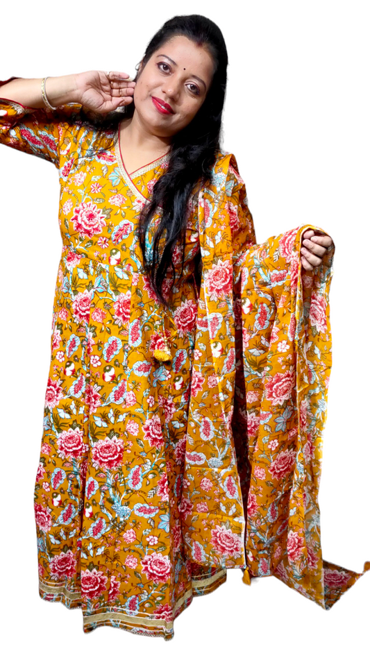 PREMIUM PURE COTTON MUSTARD / YELLOW DUPATTA PANTS SUIT SET - KDP277