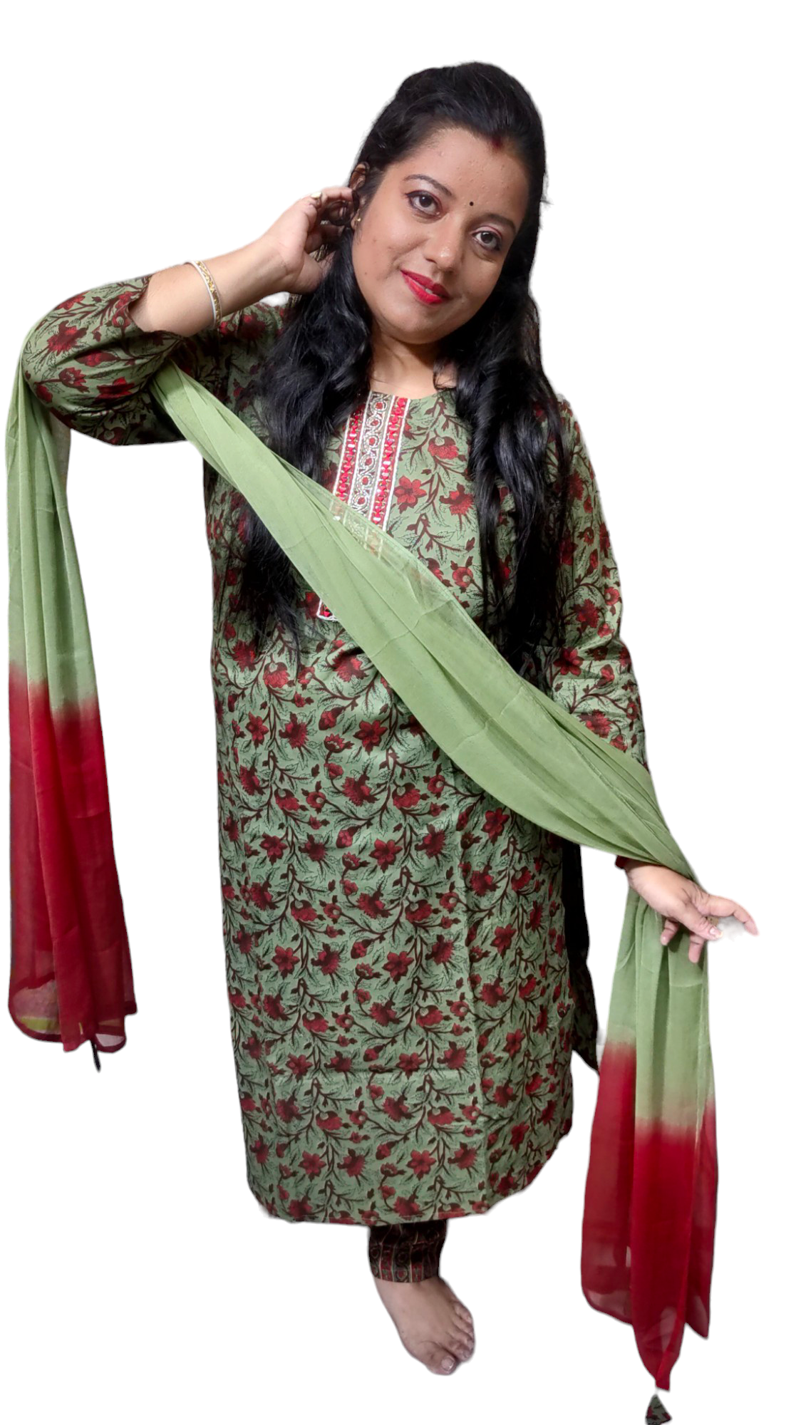 PREMIUM COTTON OCHRE / GREEN DUPATTA PANTS SUIT SET - KDP202