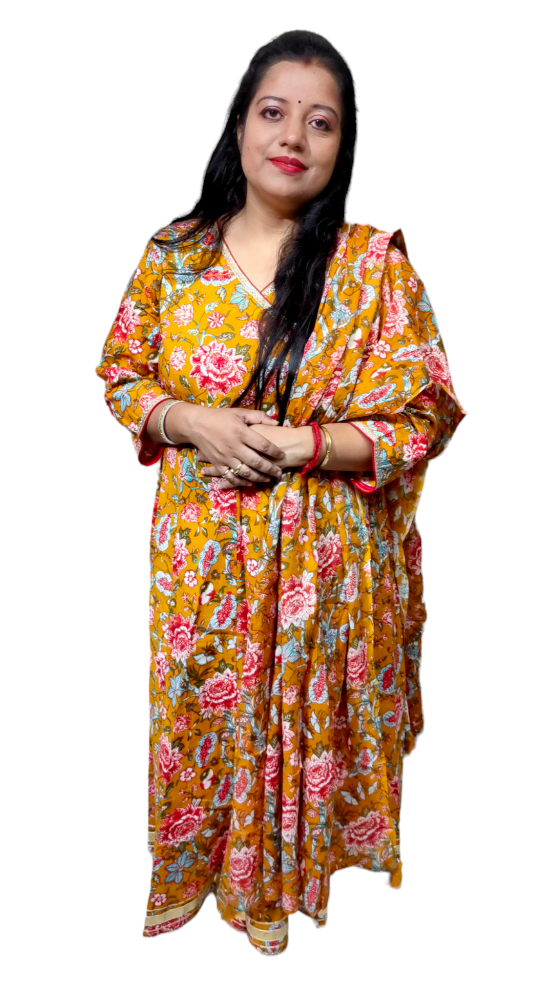 PREMIUM PURE COTTON MUSTARD / YELLOW DUPATTA PANTS SUIT SET - KDP277