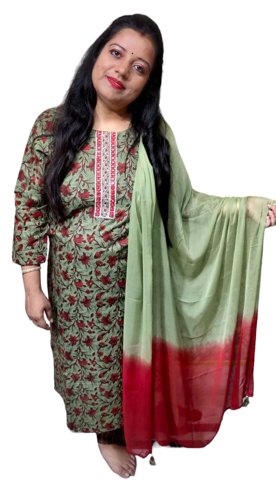 PREMIUM COTTON OCHRE / GREEN DUPATTA PANTS SUIT SET - KDP202