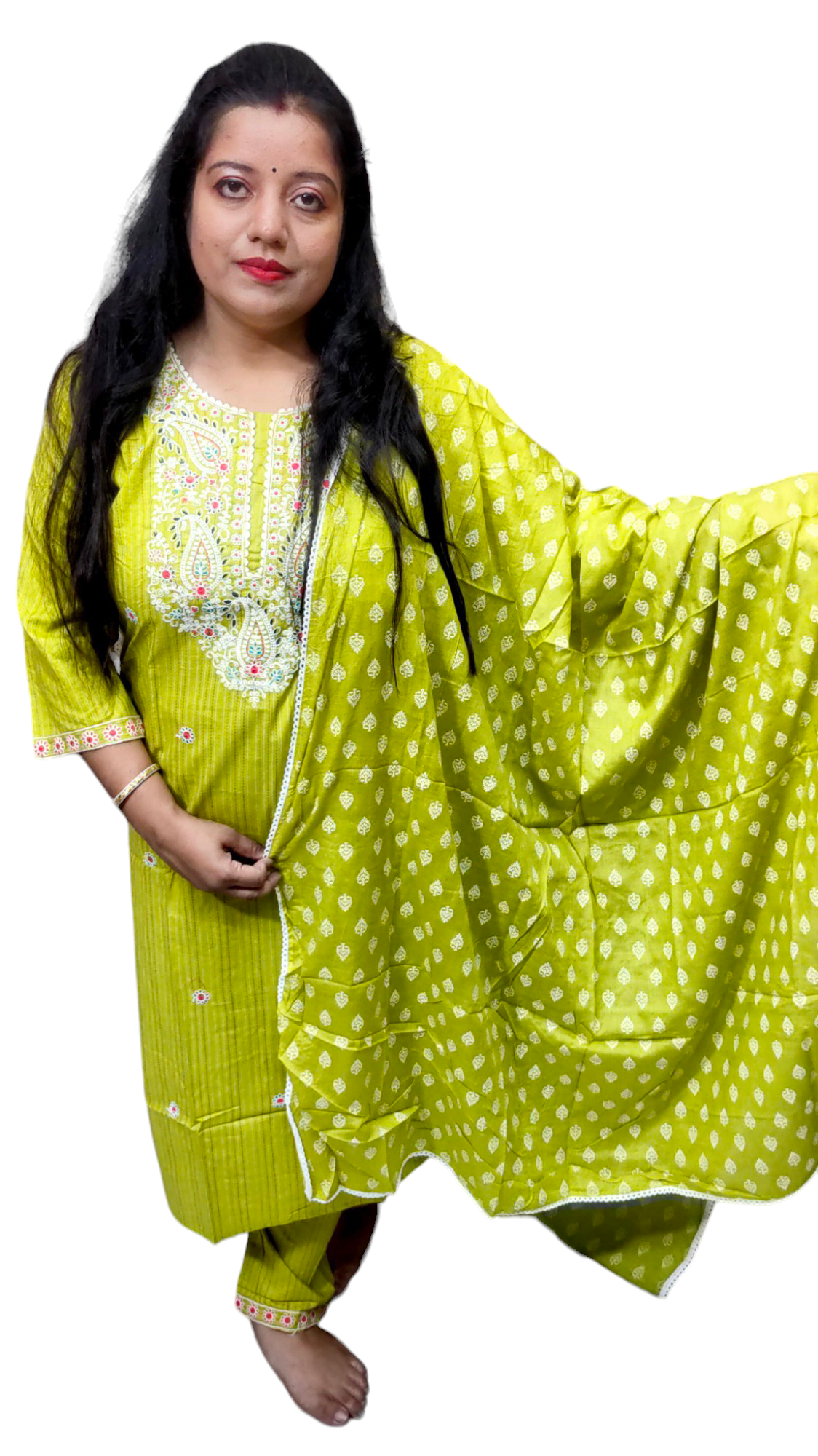 PURE COTTON DUPATTA GREEN PANTS SUIT SET - KDP288